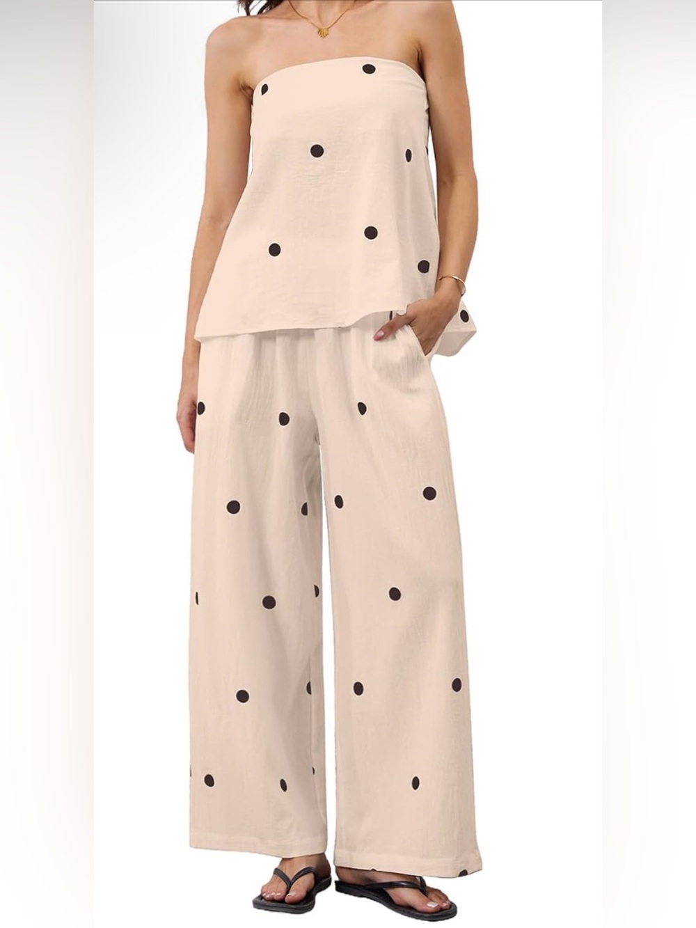 Polka Dot Wide-Leg Pant Set in Cream